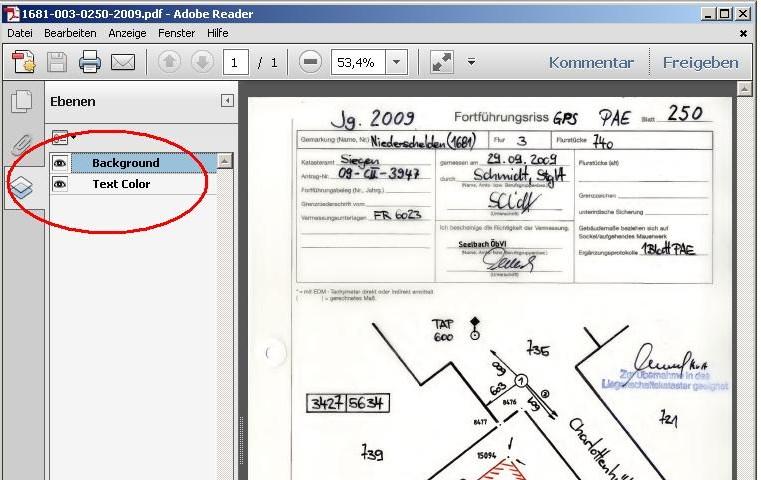 Außerdem wird der Dokumentenschlüssel (der sich aus der Gemarkung, Flur und Flurstücksnummer zusammensetzt), der Dateinamen, das Datenformat sowie die Planart (Fortführungsriss, AP- Karte,.