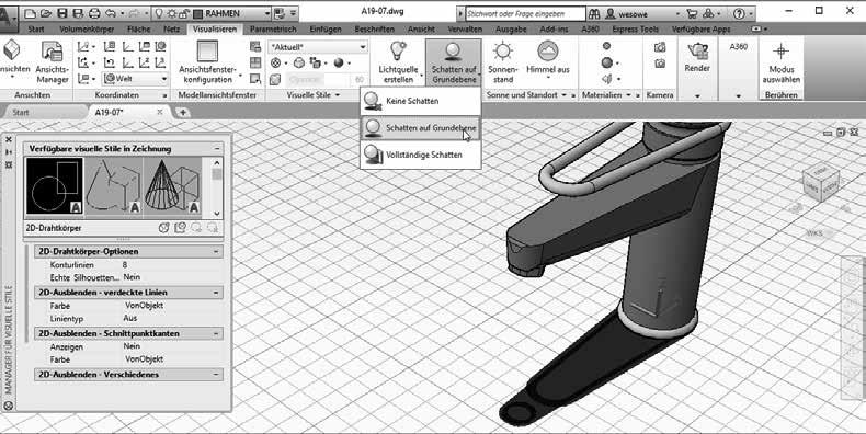 3D-Darstellungen in AutoCAD Kapitel 19 Aktivieren Sie das Werkzeugpaletten-Fenster (Register Ansicht, Gruppe Paletten) und dort die Werkzeugpalette Visuelle Stile.