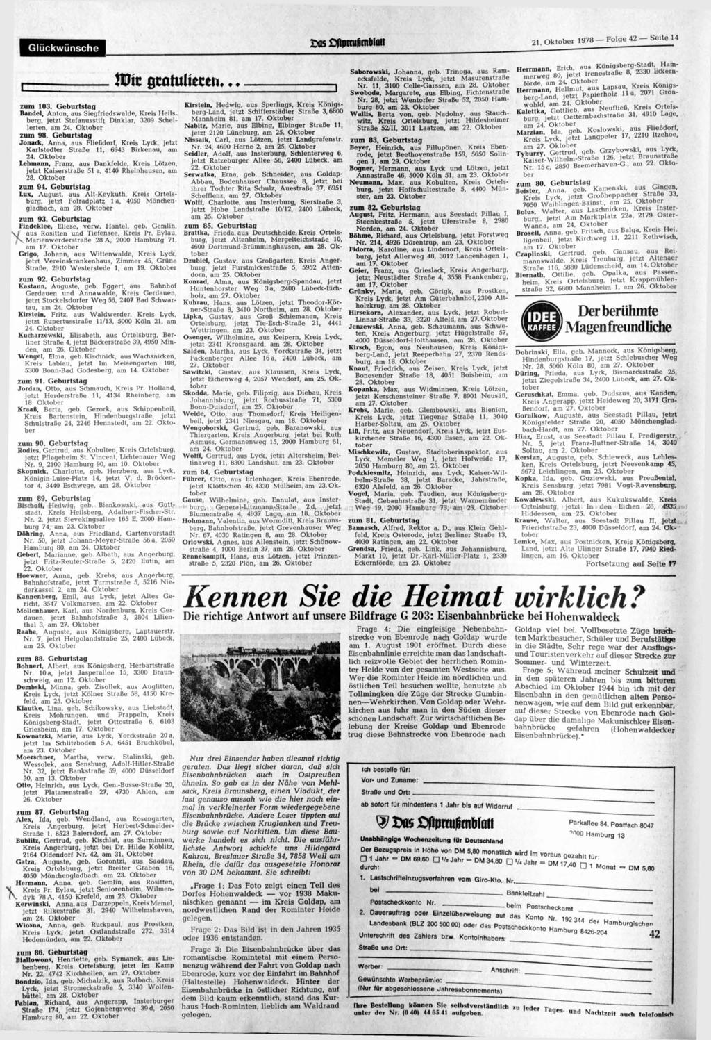 Glückwünsche 21. Oktober 1978 - Folge 42-Seite 14 r zum 103. Geburtstag Bändel, Anton, aus Siegfriedswalde, Kreis Heils, berg, jetzt Stefanusstift Dinklar, 3209 Schellerten, am 24. Oktober zum 98.