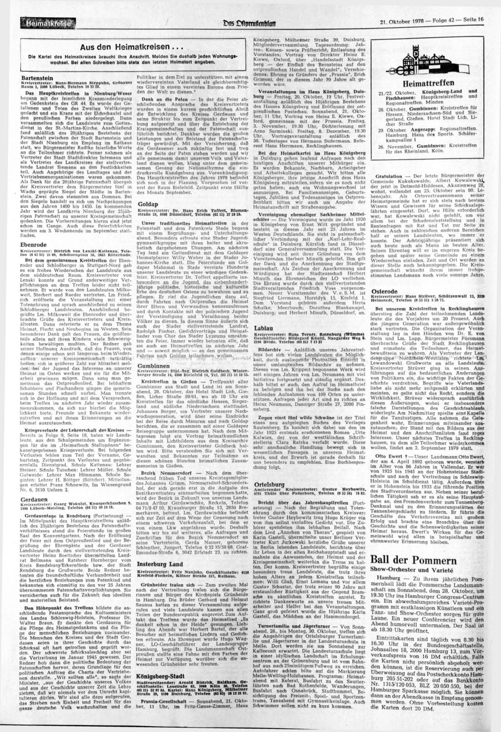 CflOTfirnbftm 21 Oktober 1978 Folge 42 Seite 16 Aus den Heimatkreisen Die