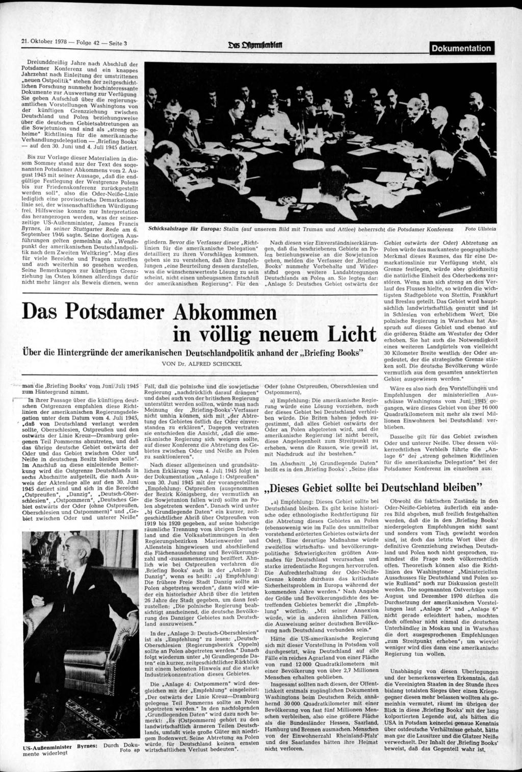 21 Oktober 1978 Folge 42 Seite 3 Dokumentation Dreiunddreißig Jahre nach Abschluß der Potsdamer Konferenz
