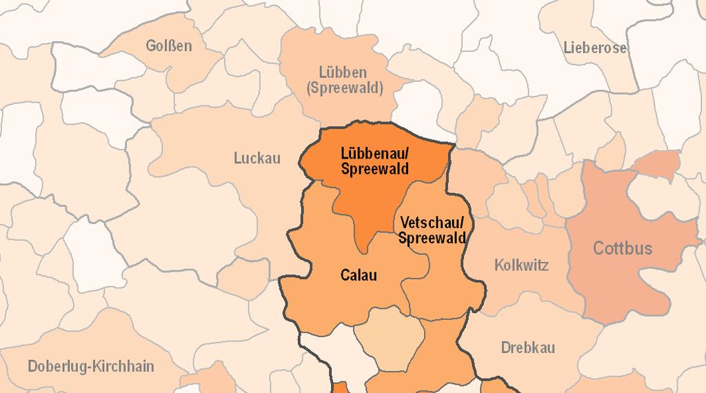Weit über die Hälfte der Einwohner von OSL konzentrieren sich in den vier größten Städten: Senftenberg (25.39 EW), Lauchhammer (15.88 EW), Lübbenau/ Spreewald (16.44 EW) und Großräschen (9.2 EW).