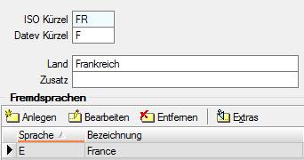 Stammdaten / Weitere / Ländercodes Für die Länder Deutschland, Frankreich und Italien muss eine Fremdsprache erfasst werden.