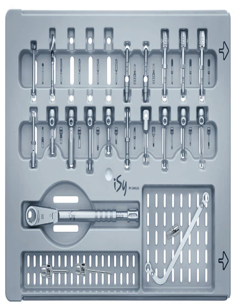 Instrumente Das isy Chirurgie- und Prothetik Set beinhaltet die für die Implantatbett-Aufbereitung benötigten spezifischen chirurgischen Instrumente und ist mit eingesetzten Instrumenten