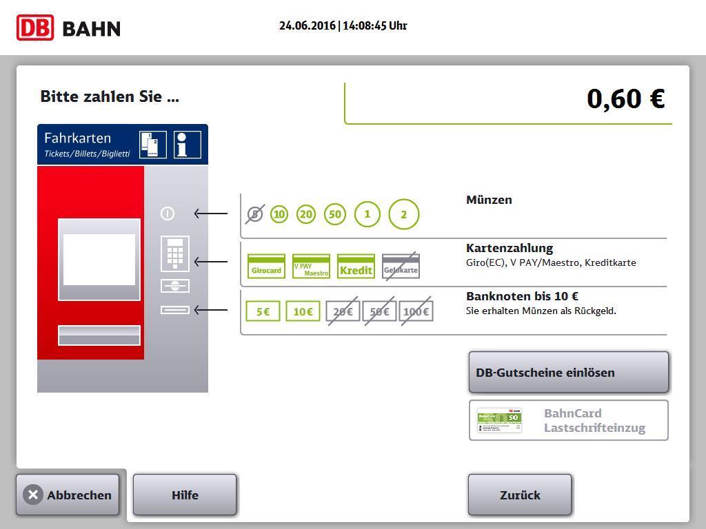 1.8.4 Bitte bezahlen Sie In der Zahlmaske zeigt der Automat an, welche Zahlmittel für den Verkaufsvorgang zulässig sind.