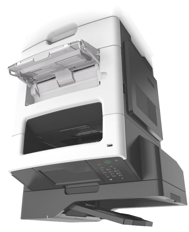 Informationen zum Drucker 13 Grundmodell 2 3 4 1 7 5 6 1 Display 2 Automatische Dokumentenzuführung (ADZ) 3 ADZ-Fach 4 ADZ-Ablage 5 Standardablage 6 Universalzuführung 7