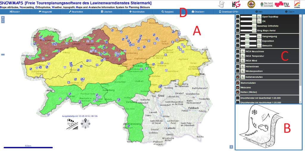Abb. 4: Grundaufbau von SNOWMAPS (eigene Darstellung, Kartengrundlage: Basemap, Geobasisdaten: GIS-Steiermark, Lawinenwarnstufen: Lawinenwarndienst Steiermark) 3.