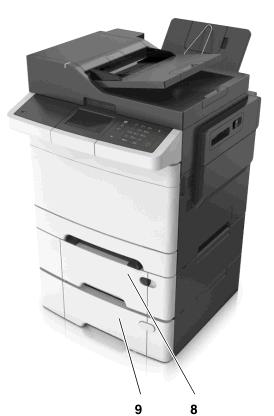 Wenn Sie mehrere Zuführungsoptionen verwenden, müssen Sie entweder ein Druckergestell oder eine Druckerbasis verwenden. Für Multifunktionsdrucker mit Scan-, Kopier- und Faxfunktion ist u. U.