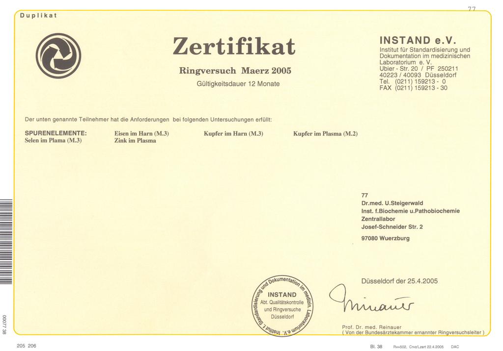 Ringversuch aerz25 INSTAND e.v. Ubier Str. 2 / PF 25211 4223 / 493 Düsseldorf Tel.