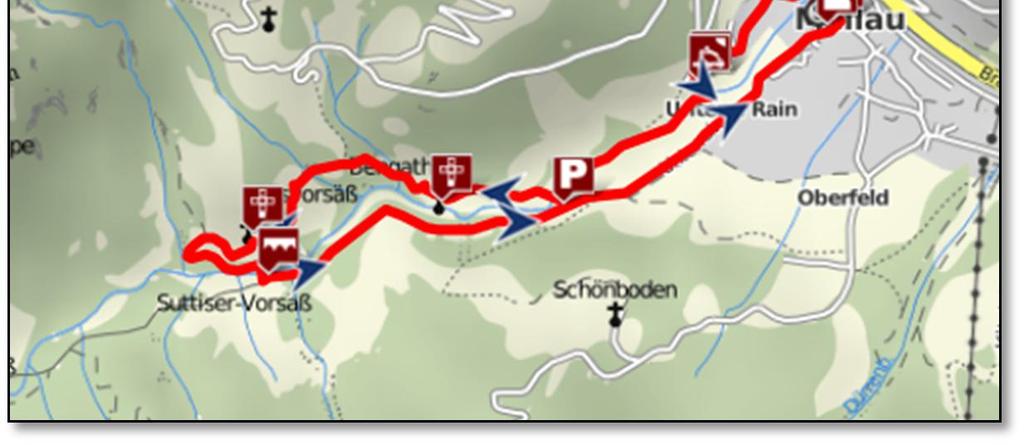 Nun über einen Wiesenpfad Richtung Vorsäß Dös, über die Dösbrücke (Möglichkeit: rechts abzweigen zur Alpe Buchen, Gehzeit ca.