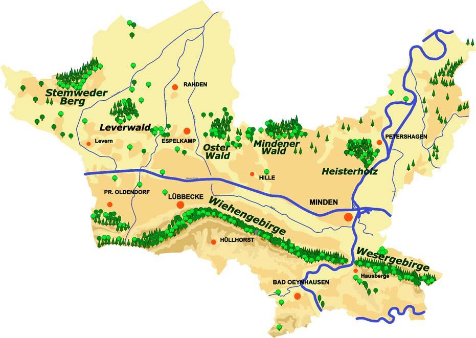 5.5 Forstwirtschaftliche Nutzflächen Zusammenhängende Waldkomplexe im Bereich des Kreises Minden- Lübbecke sind im Süden das Wiehen- und Wesergebirge sowie im Norden das Heisterholz, der