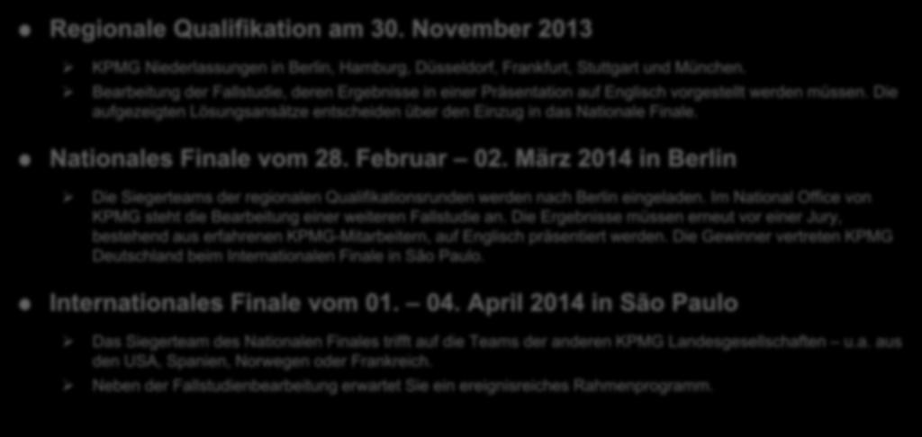 Der Fahrplan zum Internationalen Finale Regionale Qualifikation am 30. November 2013 KPMG Niederlassungen in Berlin, Hamburg, Düsseldorf, Frankfurt, Stuttgart und München.