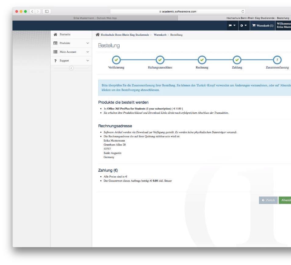 Überprüfen Sie noch ein letztes Mal Ihre Persönlichen Daten in der nun angezeigten Zusammenfassung und schließen Sie den Kaufvorgang mit "Absenden" ab.