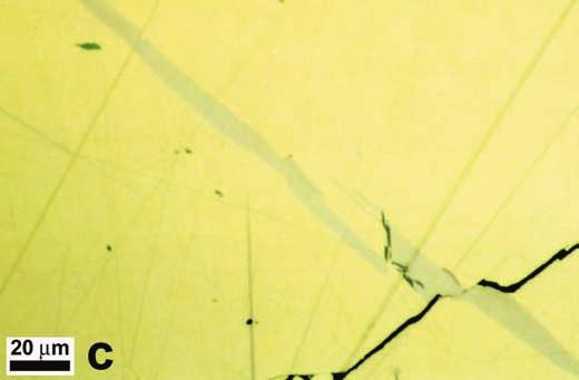 22c Chalkopyrit (gelb) mit diagonal verlaufender, zerscherter Cubanitlamelle (hellgrau).