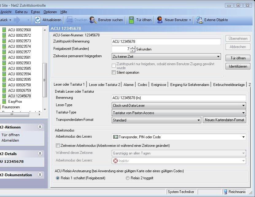 Software-Parametrierung Net-Software starten. Im Fenster Zutrittspunkte prüfen, ob die ACU detektiert wurde. Die Firmware der ACU erhält automatisch ein Update entsprechend der Software-Version.