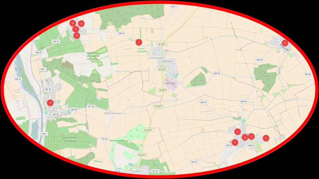 C) FUNKLOCHMELDER AUSWERTUNG DER ERGEBNISSE VODAFONE Übersicht Vodafone Funklöcher wurden von 8 verschiedenen Standorten in Lindach und 5