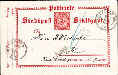 56a 6 30,- 4761 1902, Privat-Ganzsachenkarte 2 Pfg. grau mit K1 STUTTGART No.8 31/3 02, rs. dekorat. Abschieds-Motiv für die bayerischen und württembergischen Briefmarken.