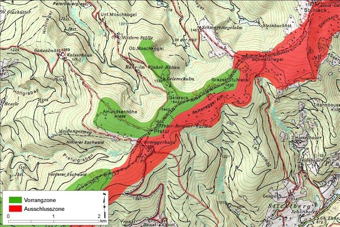 Vorrangzone Pretul Eckdaten: Gebirgszug: Fischbacher Alpen Standortgemeinden: Langenwang, Ganz, Rettenegg, Ratten Höhenbereich: ca. 1.510 bis 1.660m ünn Größe: rd.