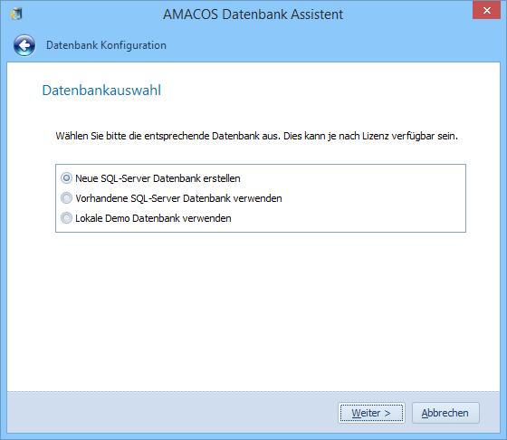 Der Assistent unterstützt Sie eine neue AMACOS Datenbank zu erstellen oder eine bestehenden AMACOS Datenbank zu verwenden (falls Sie zuvor bereits eine AMACOS Datenbank erstellt haben und dies eine