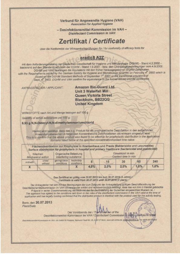 VAH- Zertifikat EN- Zulassungen EN1276 DR25a Canine Parvo Virus A2Z Stability Tests ABG Response Statement to NDM-1.