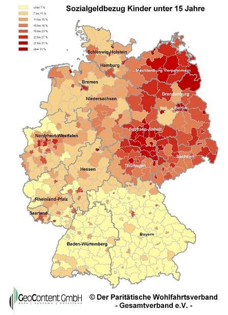 Kinderarmut in Nürnberg im Vergleich: Sozialgeldbezug von Kindern unter 15 Jahren im Juli 2005 In roter Farbe: Sozialgeldbezug von Kindern unter 15 J.
