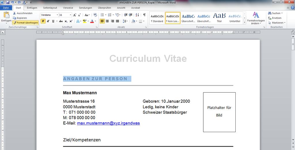 Format übertragen Dann klicke auf "Format übertragen".