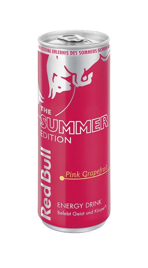 238312 24 0,25l Ds Red Bull Summer Edition Pink Grapefruit EAN Stk90424830 EAN VE9002490234386 MHD: 10Wochen Lieferbar ab: KW18/2017 Beflügelt durch den Sommer mit neuem Geschmack!