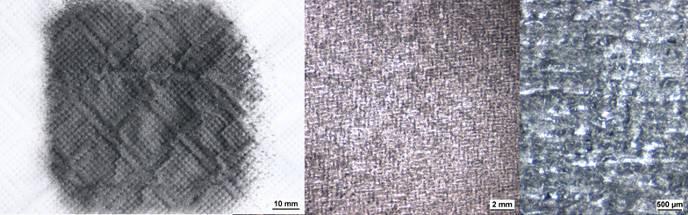 34 Abbildung 20: Bildaufnahmen einer Kohlenstoff-Vulcan- Gasdiffusionsschicht auf Küchenpapier bei unterschiedlichen Vergrößerungsfaktoren; Beschichtungsparameter: 25
