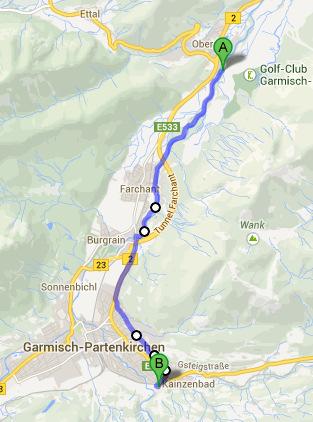 10 km: Oberau, An der Loisachbrücke GAP, Olympia-Skistadion (Gesamt 95 km) Wir