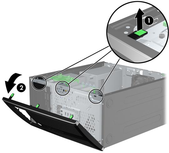 Entfernen der Vorderabdeckung 1. Entfernen/deaktivieren Sie alle Sicherheitsvorrichtungen, die das Öffnen des Computers verhindern. 2.