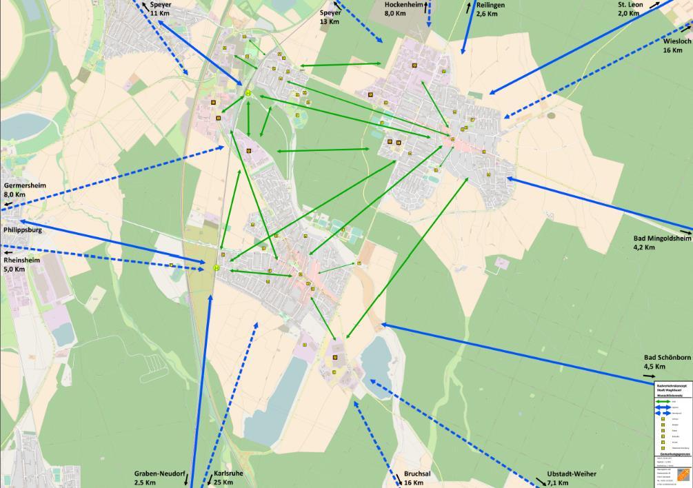 Stadtteilen: Kirrlach Wiesental Waghäusel Die Außerortsverbindungen (in blau) und die