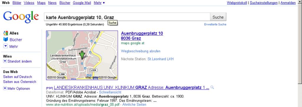 Karte gefolgt vom Straßennamen/Ortschaft und schon wird ein Kartenausschnitt angezeigt. Beispiel: karte Auenbruggerplatz 1, Graz 16.