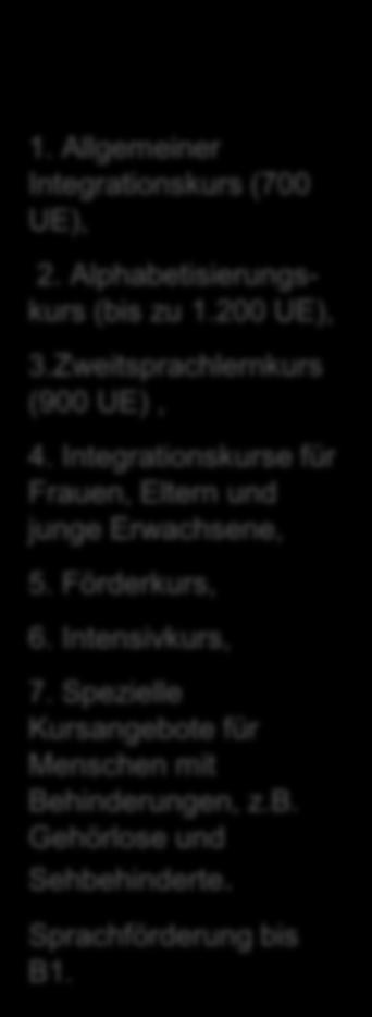 Welche Sprachförderangebote gibt es? Bund: Hamburg: Integrationskurs 1. Allgemeiner Integrationskurs (700 UE), 2. Alphabetisierungskurs (bis zu 1.200 UE), 3.Zweitsprachlernkurs (900 UE), 4.