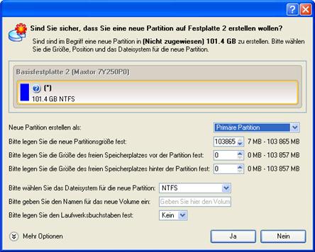 Drive Backup 8.51 84 Anwenderhandbuch Soll eine primäre oder eine erweiterte Partition angelegt werden? Wählen Sie den gewünschten Typ für die neue Partition in der Pull-Down-Liste aus.