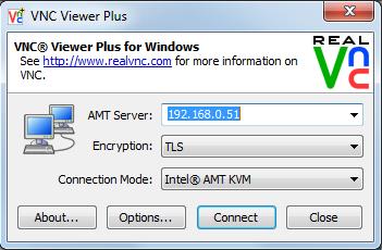 Klicken Sie die Schaltfläche Options. Klicken Sie im geöffneten Dialog die Schaltfläche Advanced und wechseln Sie in den Tab AMT Server.