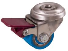 Polyurethane Castors Housing: Extra solid housing made of galvanized steel, pressed. Pivot bearing with double ball ring, screwed axle. With bolt hole.