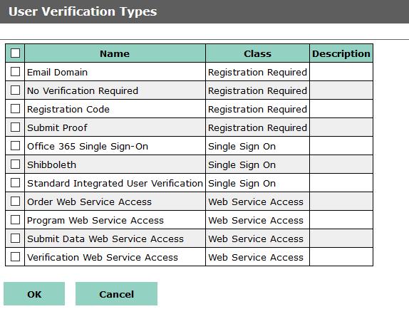 Abbildung 11: Benutzerüberprüfungstypen 4. Klicken Sie auf das Kontrollkästchen neben Office 365 Single Sign-On und anschließend auf OK.