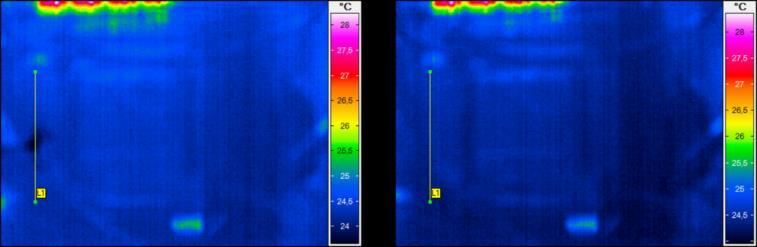 Abb. 11. Thermogramm mit Leck Pressvakuum (links), Thermogramm ohne Leck Pressvakuum (rechts). Abb. 12. Temperaturverlauf über Leck (rot) und nach Beseitigung Leck (blau).