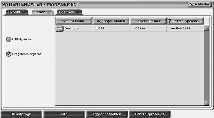 Lesefunktion Abbildung 9. Patientendaten-Management Registerkarte Lesen Patientendaten können von der Festplatte des Programmiergeräts oder vom USB-Stick gelesen werden. 1.