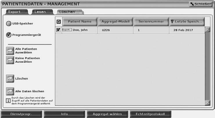 Löschfunktion Abbildung 10. Patientendaten-Management Registerkarte Löschen Sie können die Inhalte der auf der Festplatte oder dem USB-Stick archivierten Datensätze löschen.