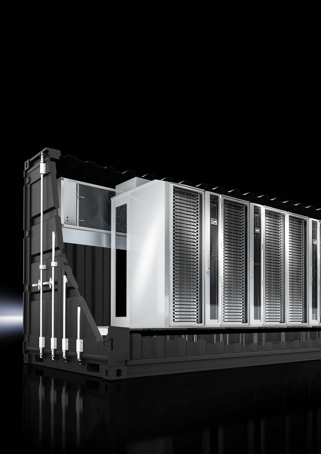 Container-Hüllen in verschiedenen Ausbaugrößen und -stufen, von S bis L, auch als ISO-High-Cube-Varianten möglich, Türen und Durchführungen flexibel Vormontierte Racks vom Typ TS IT, als Server-Rack