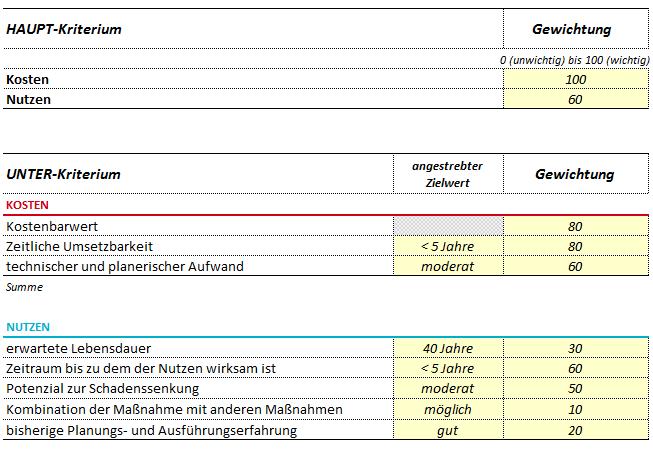 Abb. 4: Darstellung der Gewichtung der Kosten und Nutzen auszufüllende Felder in Gelb (eigene Darstellung) Kostenkriterien sind dabei: Kostenbarwert für den Kostenbarwert wird kein Zielwert