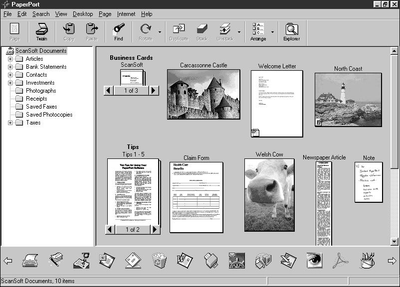Ansehen von Dokumenten mit ScanSoft PaperPort für Brother PaperPort stellt verschiedene Möglichkeiten zum Ansehen von Objekten zur Verfügung: Die Desktop-Ansicht zeigt Miniaturansichten, d. h.