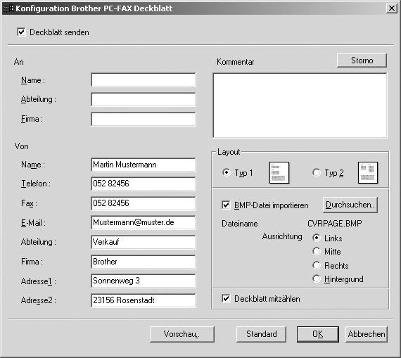 Das Dialogfeld Konfiguration Brother PC-FAX Deckblatt erscheint: An Geben Sie die Empfängerangaben ein.