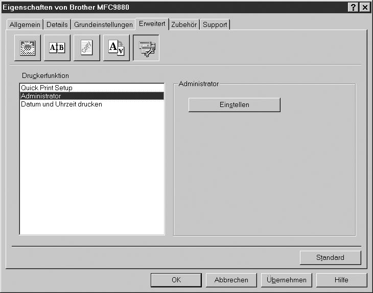Administrator (nur für Windows 95/98/98SE/Me) Mit den Administratoreinstellungen können Sie die Einstellungen für Kopien, Skalierung und