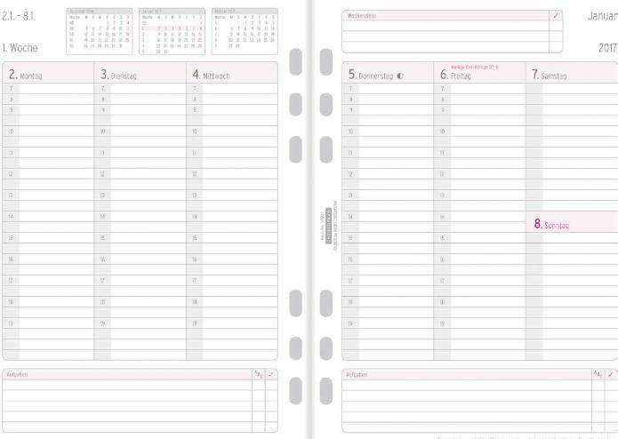 6er Lochung Grammatur: Formulare 80 g/m2, Jahresplan 120 g/m2 Sprache: 1-sprachig (deutsch) Format: 14,8 x 21 cm (A5) Chronoplan Wochenplan in Spalten 2017 A5, 1