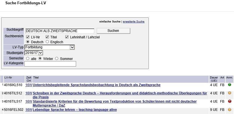 5. Einfache Suche Geben Sie einen Suchbegriff ein (kontrollieren Sie das Studienjahr und das Semester) und klicken Sie auf.