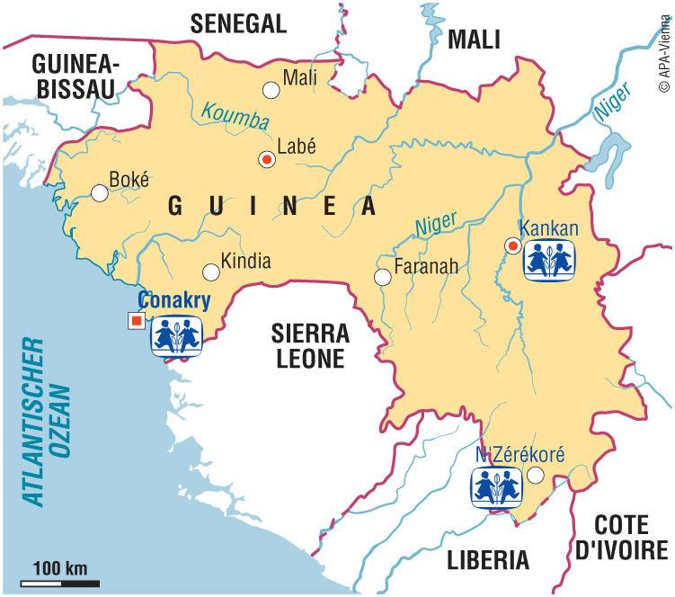 Frauen 55,7 Jahre 83,2 Jahre Säuglingssterblichkeit 7,9 % 0,3 % Geographie Die Republik Guinea liegt an der Atlantikküste in Westafrika und grenzt an Guinea-Bissau, Mali, den Senegal, Sierra Leone,