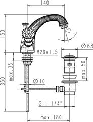 hole basin mixer projection 140 mm, with pop-up drain assembly, Swarovski Cristal handle Mélangeur