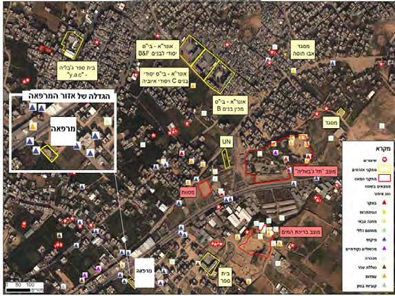 12 Militärische Anlagen in der Nähe einer Rot-Kreuz Klinik und Schulgebäuden in Jebaliya Das Umfeld der Klinik in Jebaliya (das untere weiße Rechteck) ist von Minen und militärischen Einrichtungen